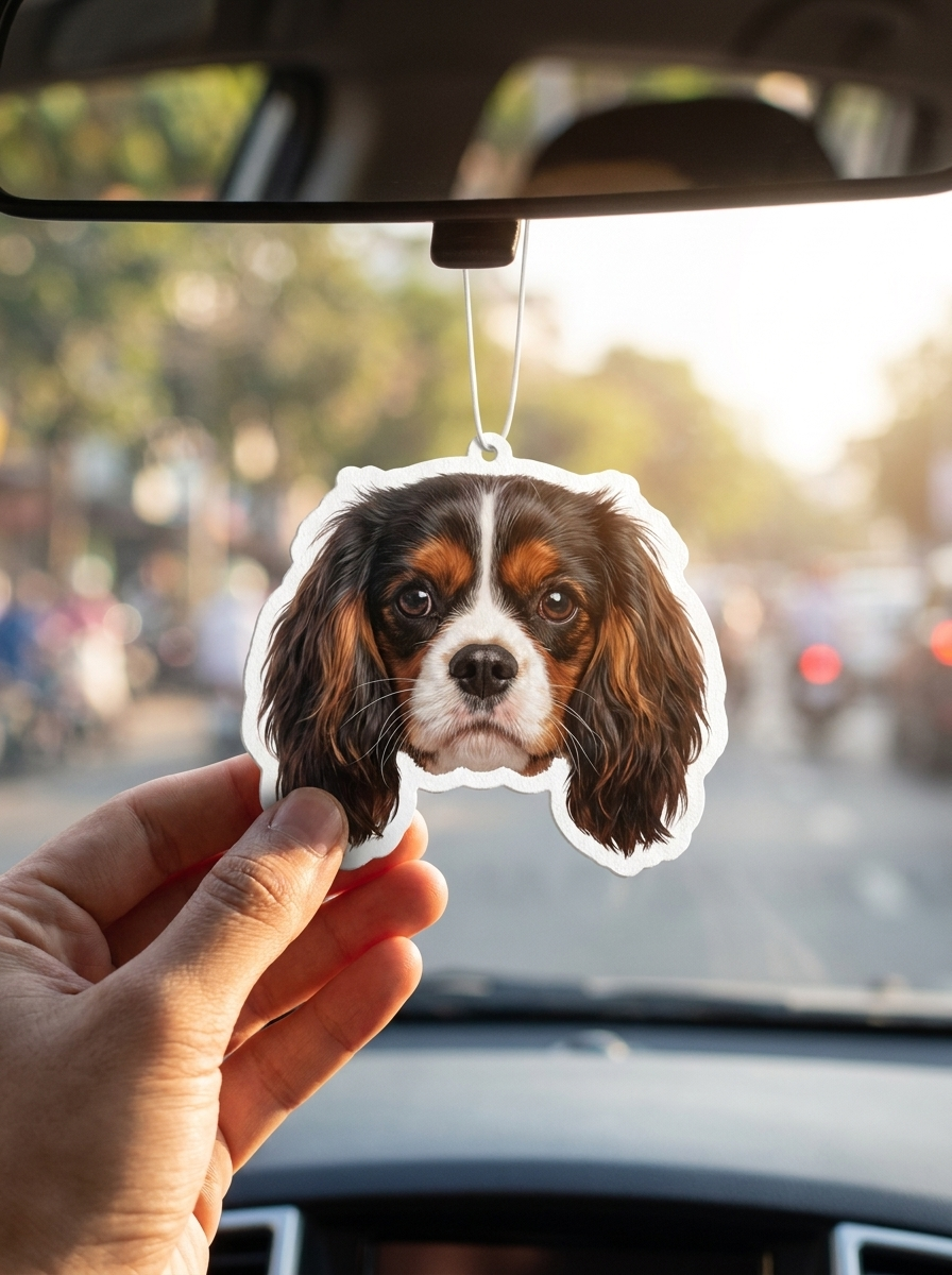 Chien cavalier installé en voiture avec son sent-bon Choupoubox au rétroviseur