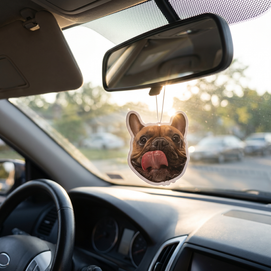 Sent-bon personnalisé avec la photo d'un bouledogue français suspendu au rétroviseur d'une voiture