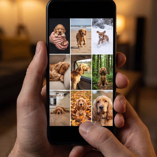 Une main tient un téléphone affichant les photos d'un cocker : une seule suffit pour créer un souvenir de son animal